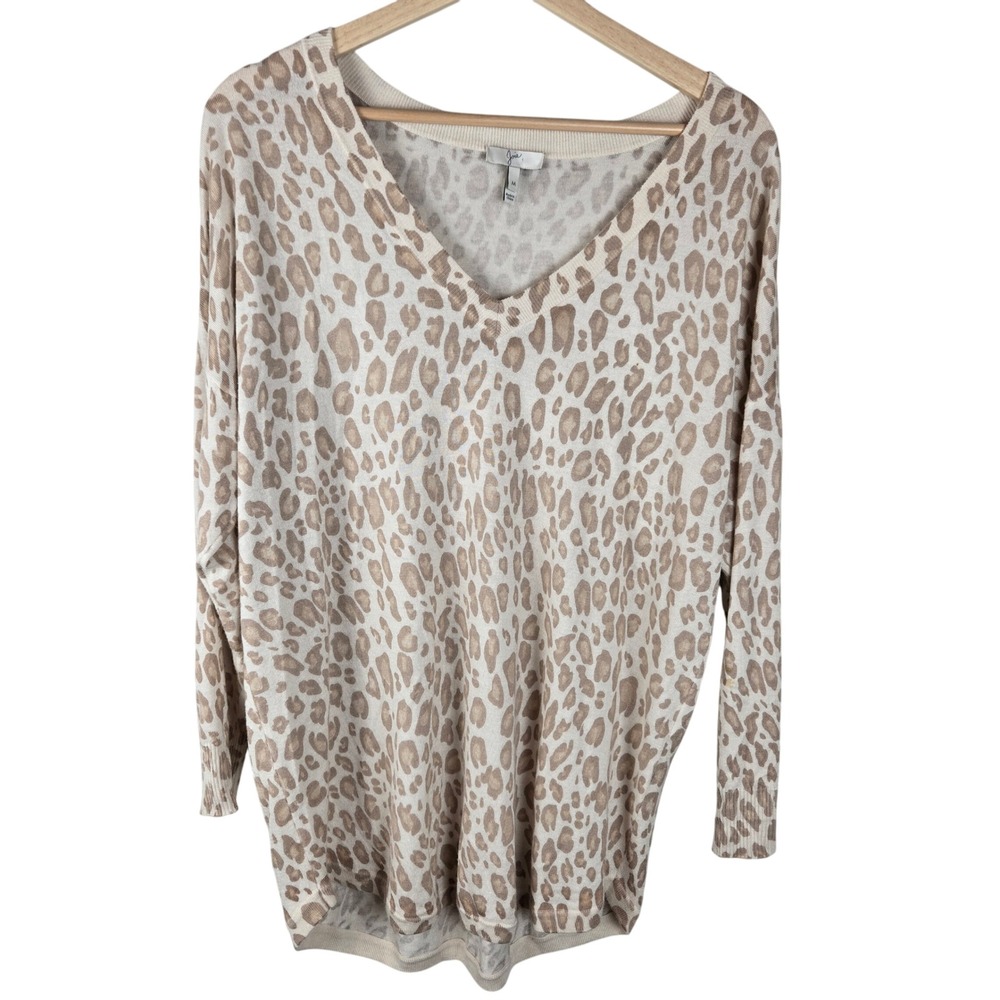Joie Chyanne Sweater‎ Women Medium Cream Leopard Print V-neck Soft Cashmere Wool